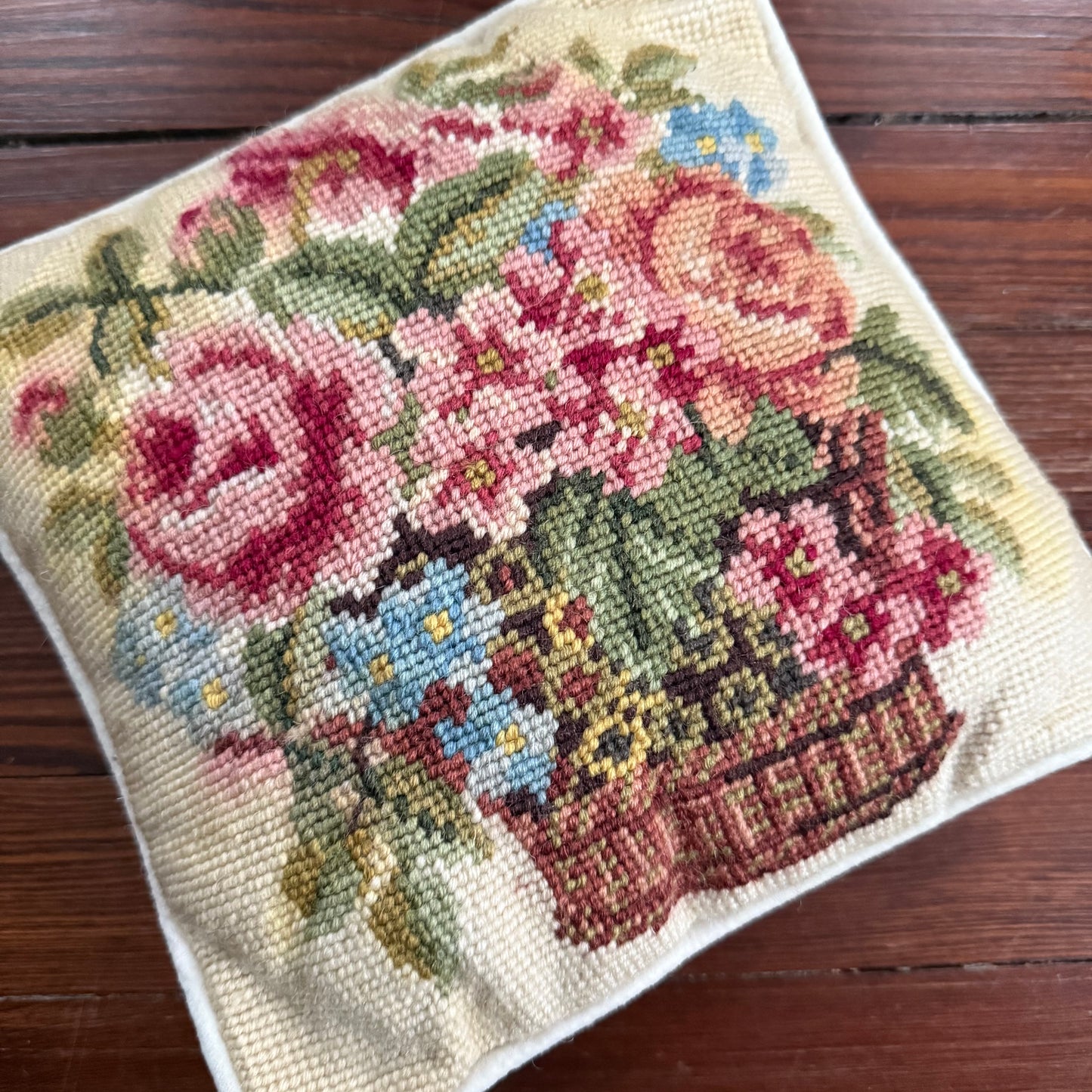 antique floral needlepoint pillow