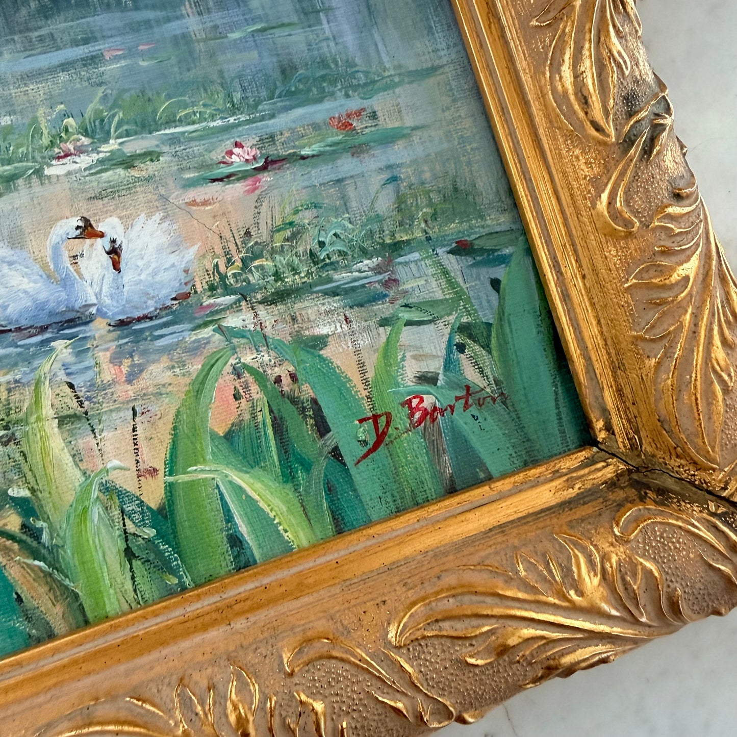 vintage swan painting in gilt frame
