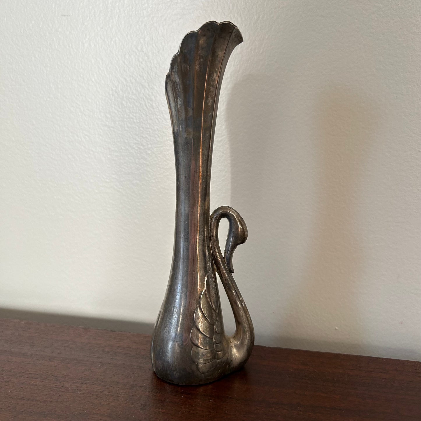 silver-plated art deco swan bud vase