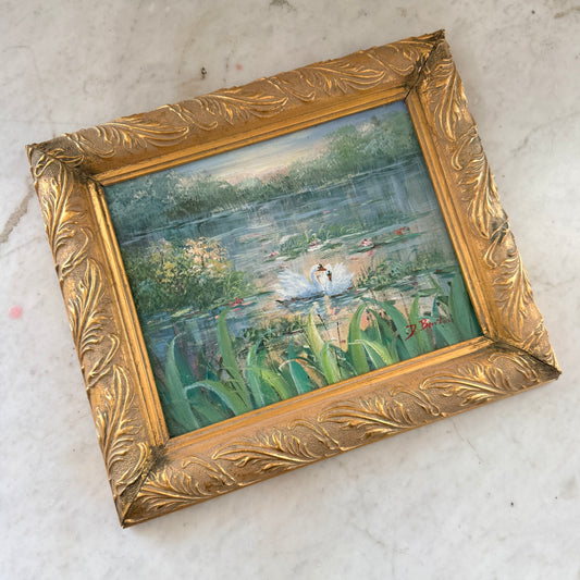 vintage swan painting in gilt frame