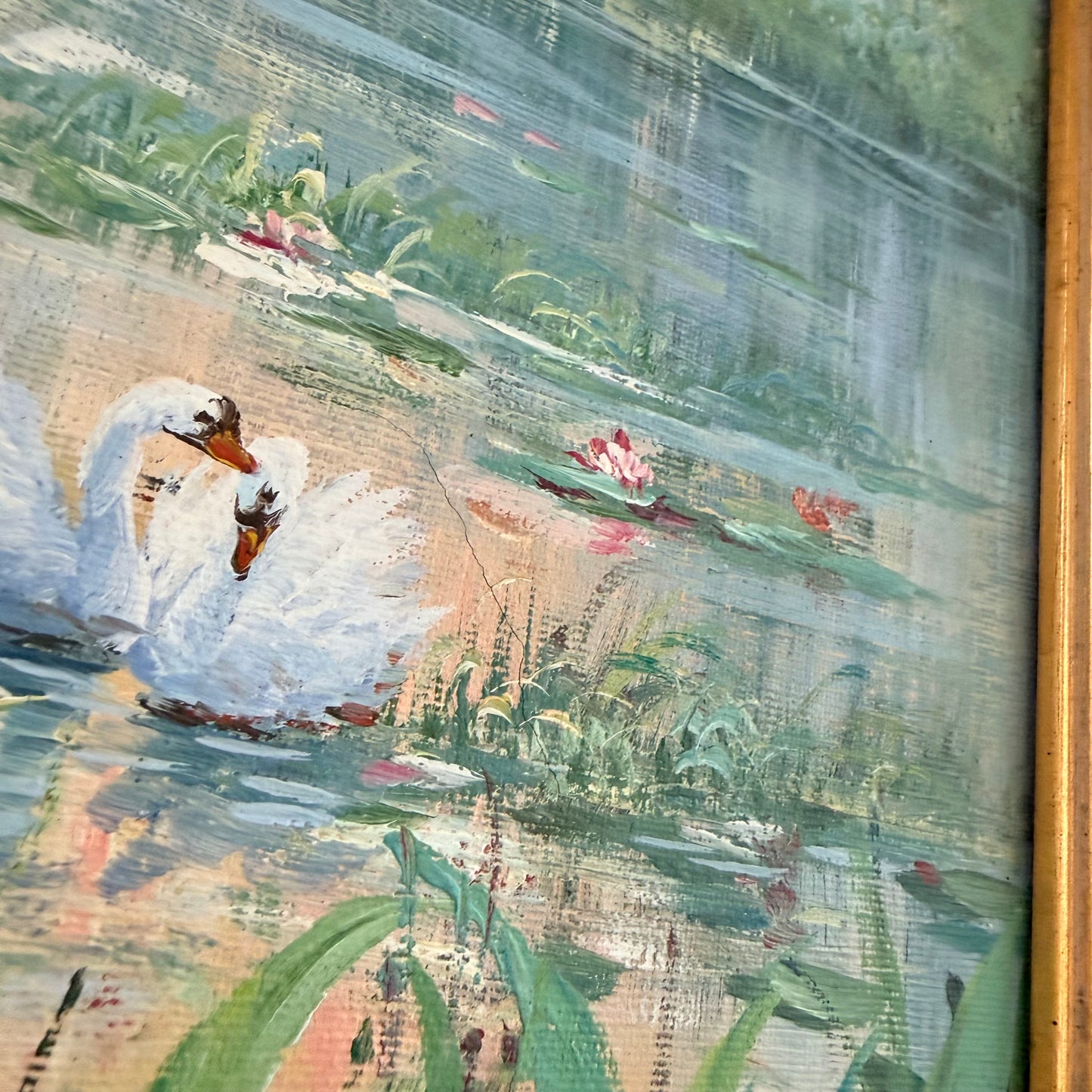 vintage swan painting in gilt frame