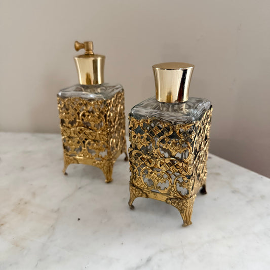 pair of gold filigree perfume bottles
