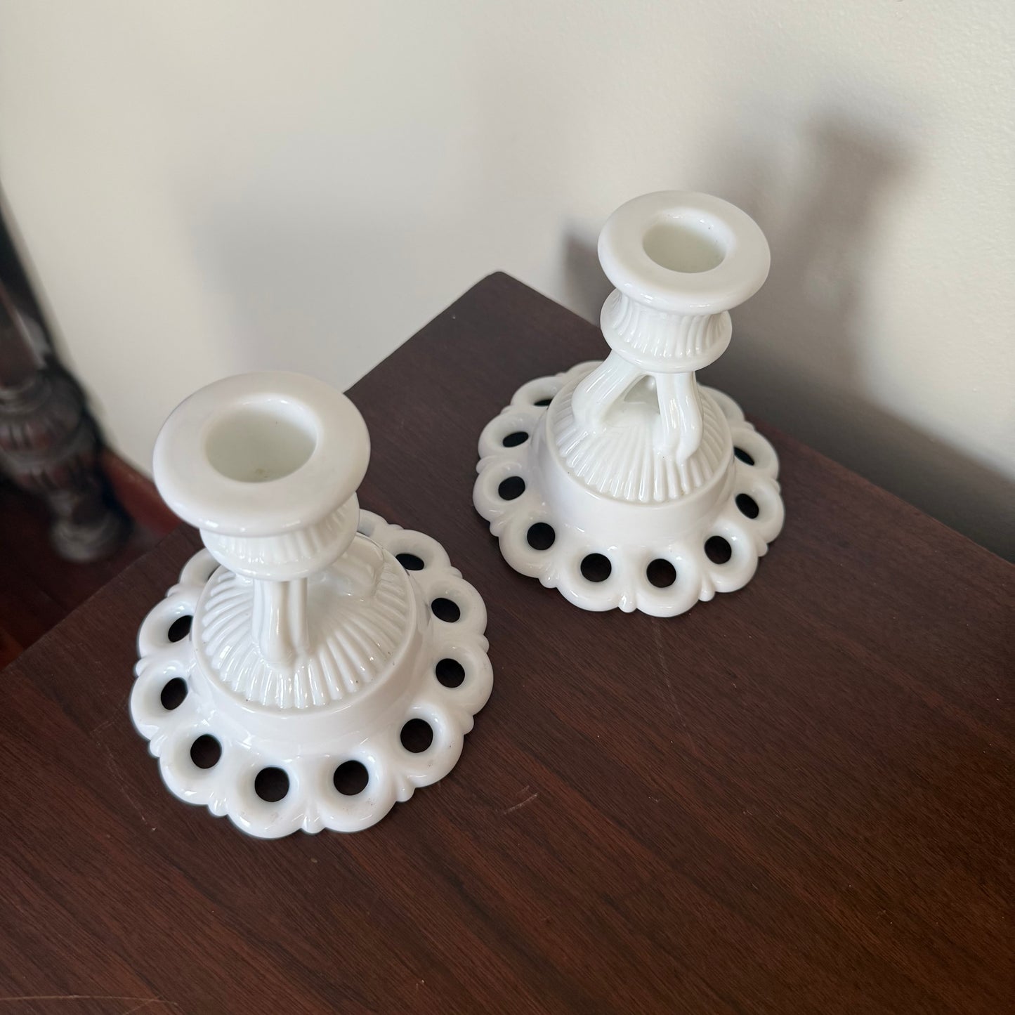 pair of milk glass candle sticks