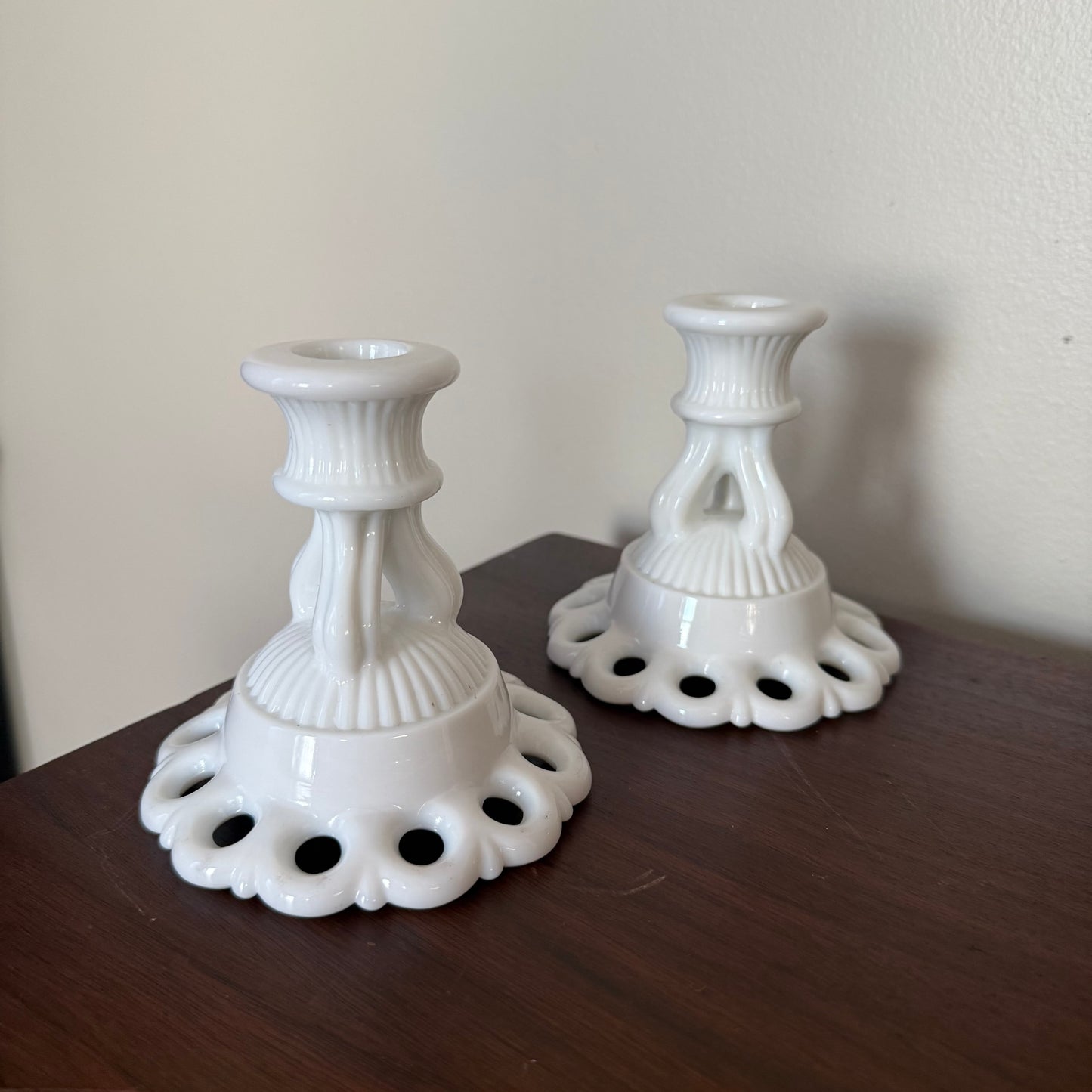 pair of milk glass candle sticks