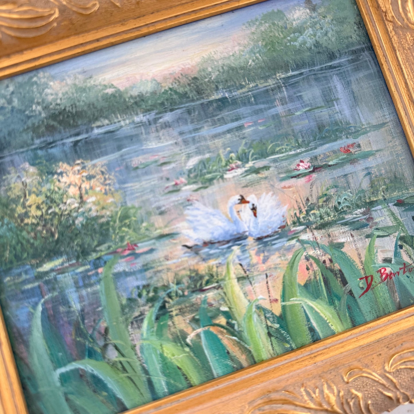 vintage swan painting in gilt frame