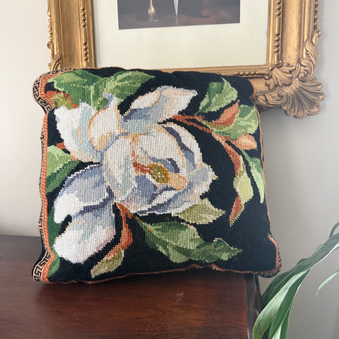 magnolia needlepoint pillow
